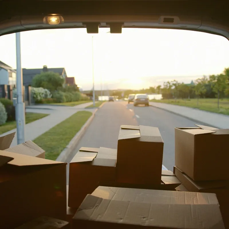Foto von Umzugkartons aus einem Transporter zur Tür heraus aufgenommen